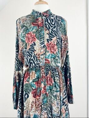 Vintage 90s Rayon Floral & Animal Print Long Sleeve Shirt Dress in Teal and Rose